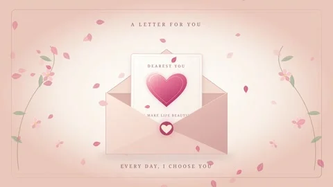 Paper cut love letter envelope with pink heart card and falling petals loop card Stock Footage 346301923