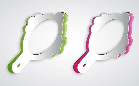 Paper cut Magic hand mirror icon isolated on grey background. Paper art style Stock Illustration