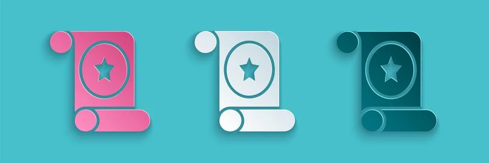 Paper cut Magic scroll icon isolated on blue background. Decree, paper Illustrazione stock