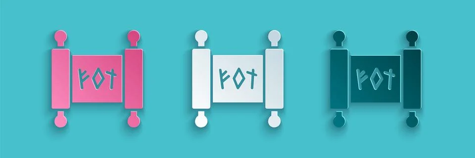 Paper cut Magic scroll icon isolated on blue background. Decree, paper Ilustração Stock