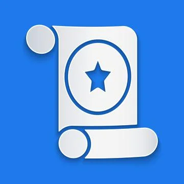 Paper cut Magic scroll icon isolated on blue background. Decree, paper Ilustração Stock