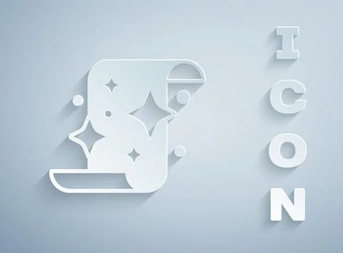 Paper cut Magic scroll icon isolated on grey background. Decree, paper Ilustração Stock