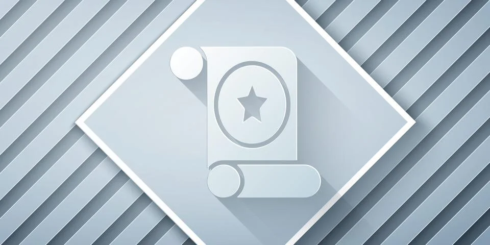 Paper cut Magic scroll icon isolated on grey background. Decree, paper Ilustração Stock