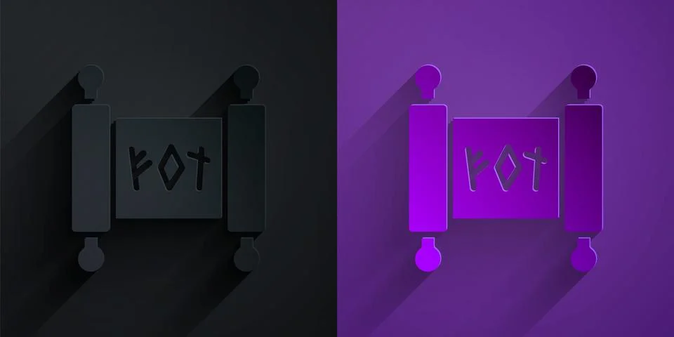 Paper cut Magic scroll icon isolated on black on purple background. Decree Ilustração Stock