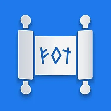 Paper cut Magic scroll icon isolated on blue background. Decree, paper Ilustração Stock