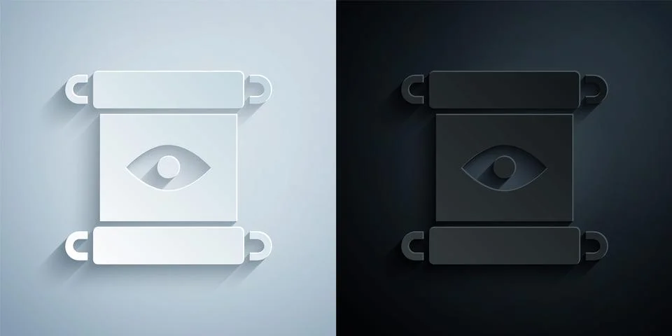Paper cut Magic scroll icon isolated on grey and black background. Decree, paper Ilustração Stock