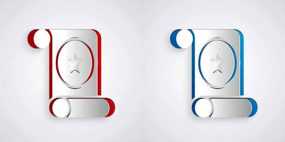 Paper cut Magic scroll icon isolated on grey background. Decree, paper, parch Ilustração Stock