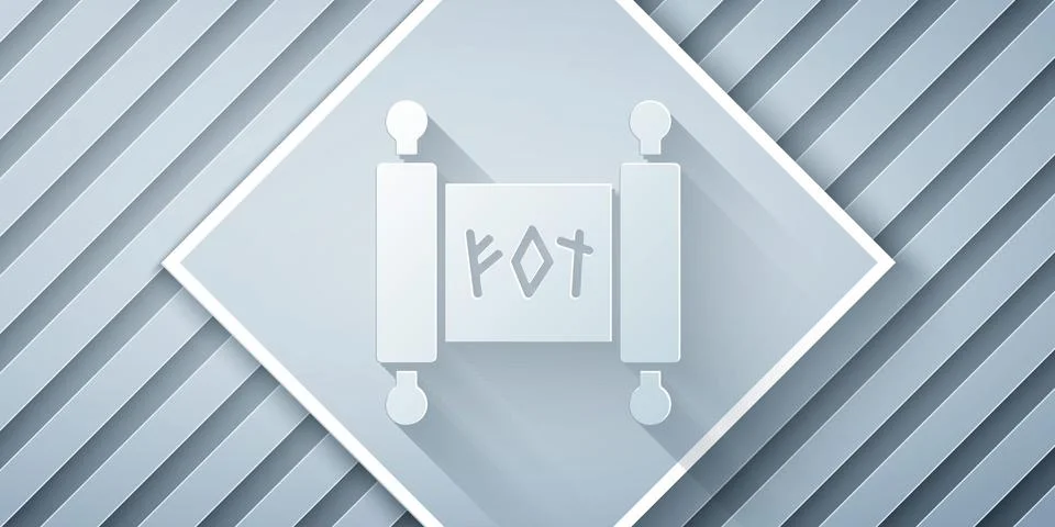 Paper cut Magic scroll icon isolated on grey background. Decree, paper Ilustração Stock