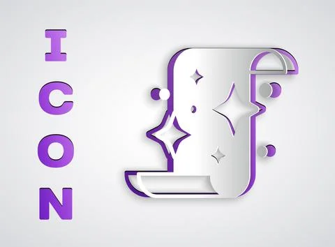 Paper cut Magic scroll icon isolated on grey background. Decree, paper, par.. Ilustração Stock