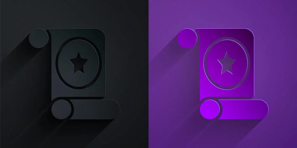Paper cut Magic scroll icon isolated on black on purple background. Decree, p Ilustração Stock
