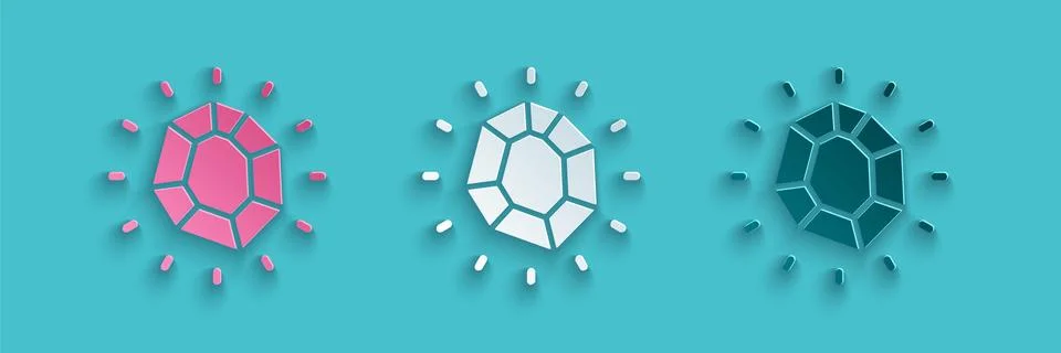 Paper cut Magic stone icon isolated on blue background. Fantasy crystal. Jewelry Illustrazione stock