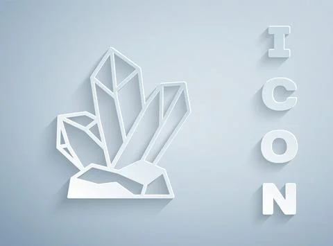 Paper cut Magic stone icon isolated on grey background. Fantasy crystal. Jewelry Stock Illustration