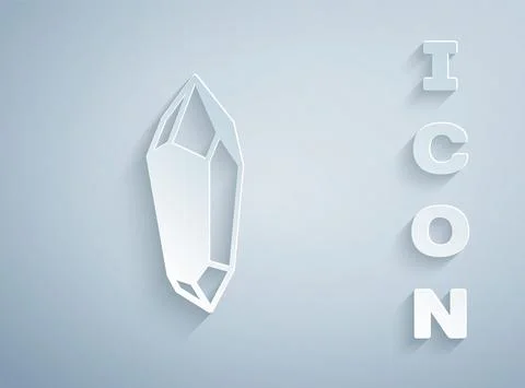 Paper cut Magic stone icon isolated on grey background. Fantasy crystal. Jewelry Illustrazione stock