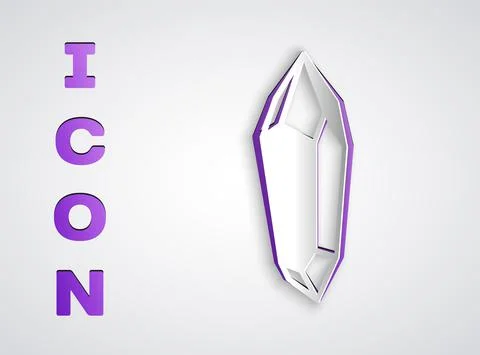 Paper cut Magic stone icon isolated on grey background. Fantasy crystal. Jewelry 스톡 일러스트