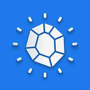 Paper cut Magic stone icon isolated on blue background. Fantasy crystal. Jewelry Illustrazione stock
