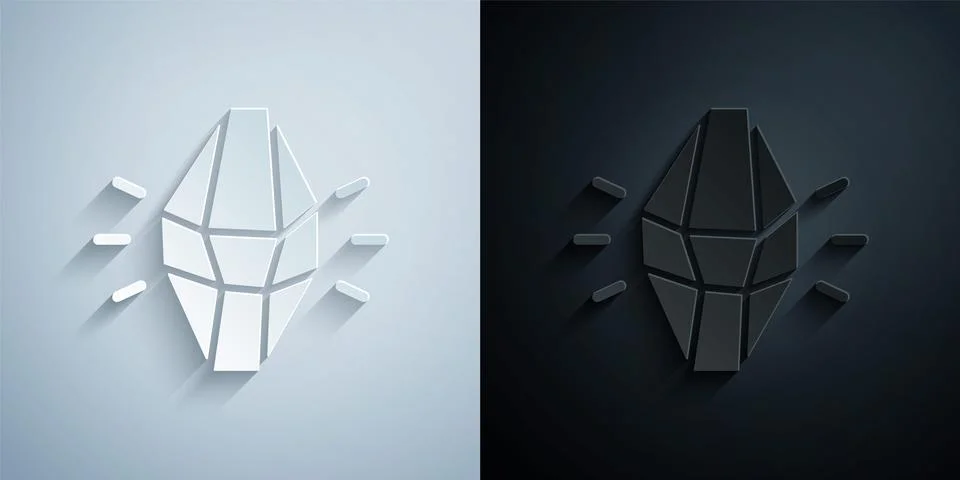 Paper cut Magic stone icon isolated on grey and black background. Fantasy Illustrazione stock
