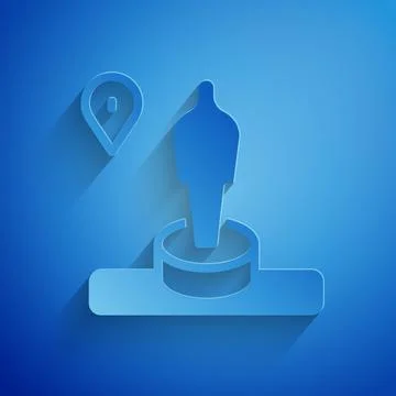 Paper cut Map pin and monument icon isolated on blue background. Navigation イラスト素材