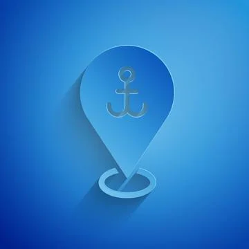 Paper cut Map pointer with anchor icon isolated on blue background. Paper art イラスト素材