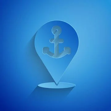 Paper cut Map pointer with anchor icon isolated on blue background. Paper art Stockillustratie