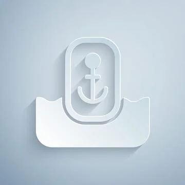 Paper cut Map pointer with anchor icon isolated on grey background. Paper art Stock Illustration