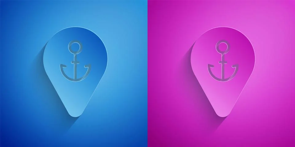 Paper cut Map pointer with anchor icon isolated on blue and purple background 스톡 일러스트