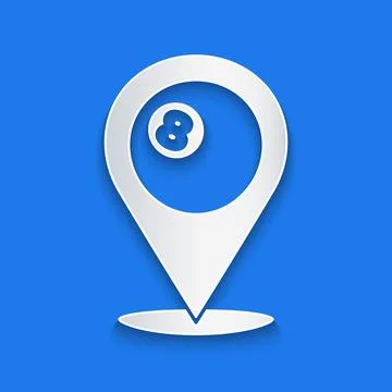 Paper cut Map pointer with billiard pool snooker ball with number 8 icon Stock Illustration