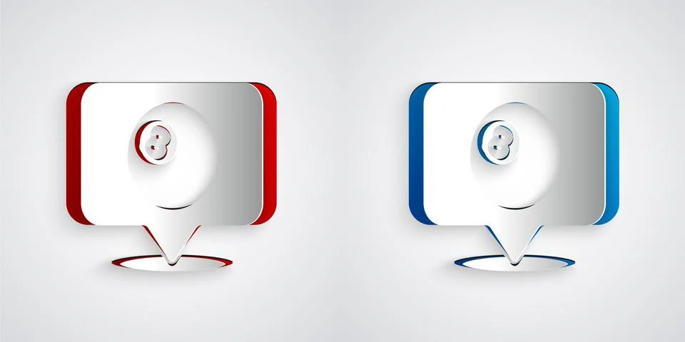 Paper cut Map pointer with billiard pool snooker ball with number 8 icon Stock Illustration