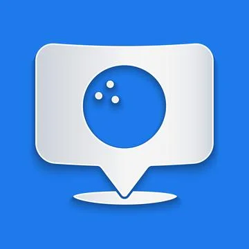 Paper cut Map pointer with bowling ball icon isolated on blue background. Sport 스톡 일러스트