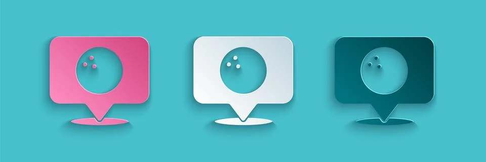 Paper cut Map pointer with bowling ball icon isolated on blue background. Sport イラスト素材