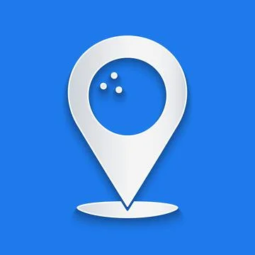 Paper cut Map pointer with bowling ball icon isolated on blue background. Sport イラスト素材