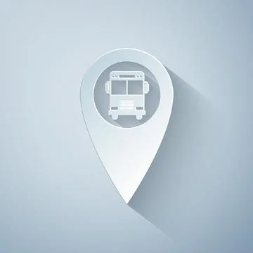 Paper cut Map pointer with bus icon isolated on grey background. Paper art style Stockillustratie
