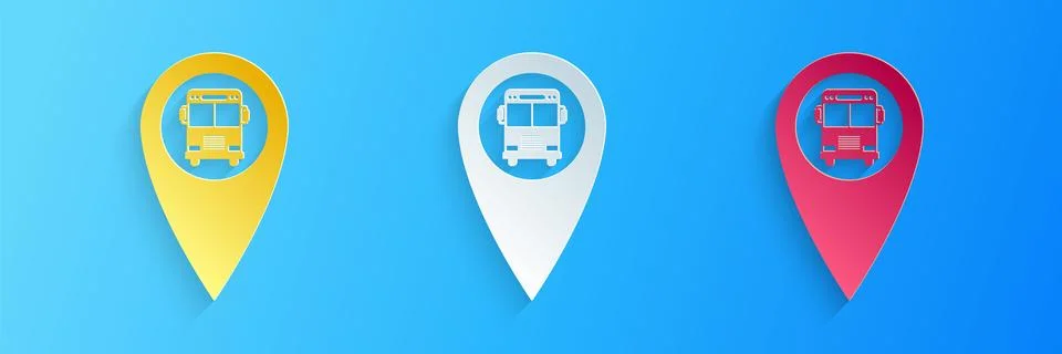 Paper cut Map pointer with bus icon isolated on blue background. Paper art style 스톡 일러스트