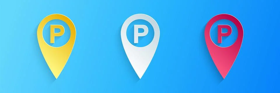 Paper cut Map pointer with car parking icon isolated on blue background. Paper Stock Illustration