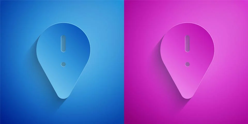 Paper cut Map pointer with exclamation mark icon isolated on blue and purple Stock Illustration