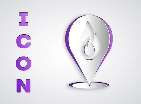 Paper cut Map pointer with fire flame icon isolated on grey background. Fire Illustrazione stock