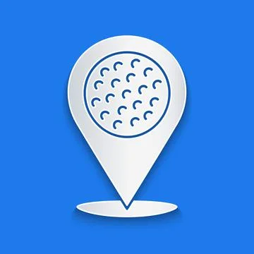 Paper cut Map pointer with golf sport club icon isolated on blue background 스톡 일러스트