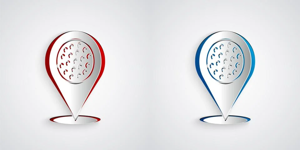 Paper cut Map pointer with golf sport club icon isolated on grey background Stock Illustration