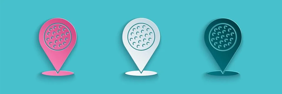 Paper cut Map pointer with golf sport club icon isolated on blue background Stock Illustration