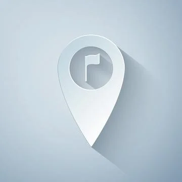 Paper cut Map pointer with golf flag icon isolated on grey background. Location Ilustração Stock