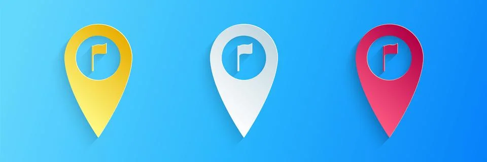 Paper cut Map pointer with golf flag icon isolated on blue background. Location 스톡 일러스트