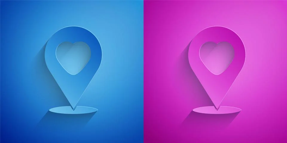 Paper cut Map pointer with heart icon isolated on blue and purple background Stockillustratie