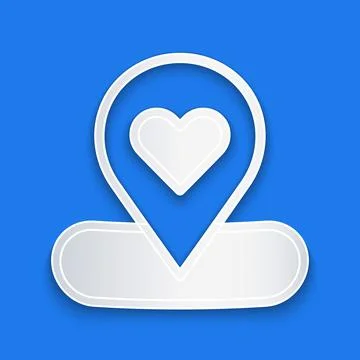 Paper cut Map pointer with heart icon isolated on blue background. Valentines Stock Illustration