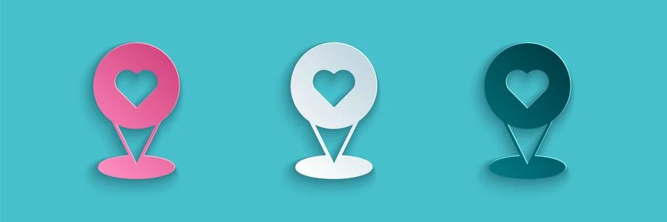 Paper cut Map pointer with heart icon isolated on blue background. Valentines 스톡 일러스트