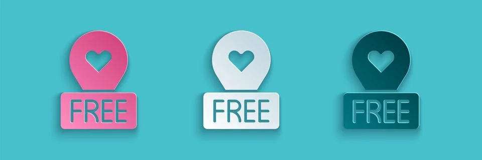 Paper cut Map pointer with heart icon isolated on blue background. Valentines Stock Illustration