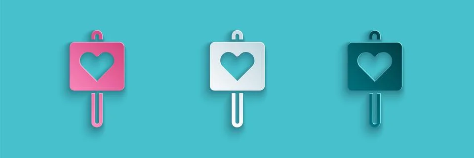 Paper cut Map pointer with heart icon isolated on blue background. Valentines 스톡 일러스트