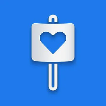 Paper cut Map pointer with heart icon isolated on blue background. Valentines 스톡 일러스트