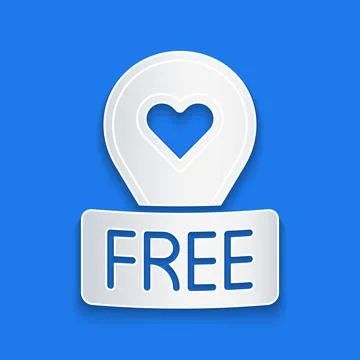 Paper cut Map pointer with heart icon isolated on blue background. Valentines Stockillustratie