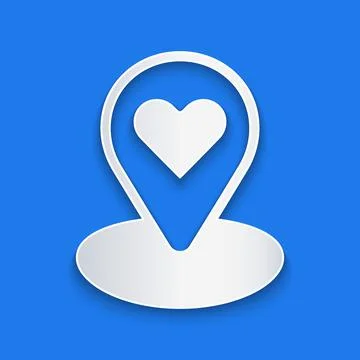 Paper cut Map pointer with heart icon isolated on blue background. Valentines Stock Illustration