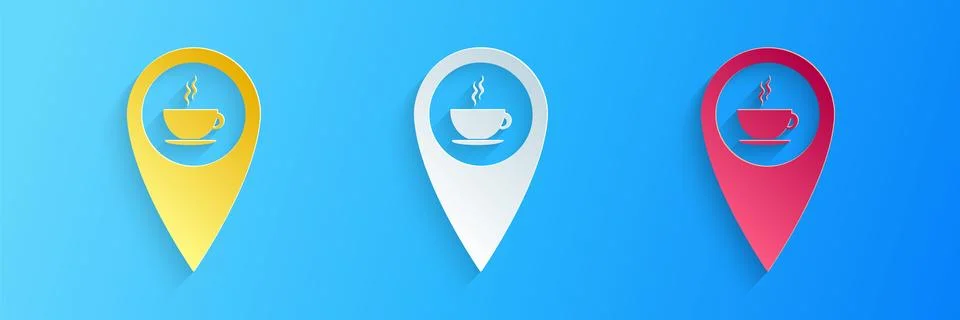 Paper cut Map pointer with hot coffee cup icon isolated on blue background Stock Illustration