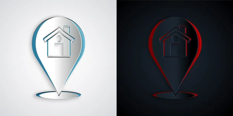 Paper cut Map pointer with house icon isolated on grey and black background Illustrazione stock